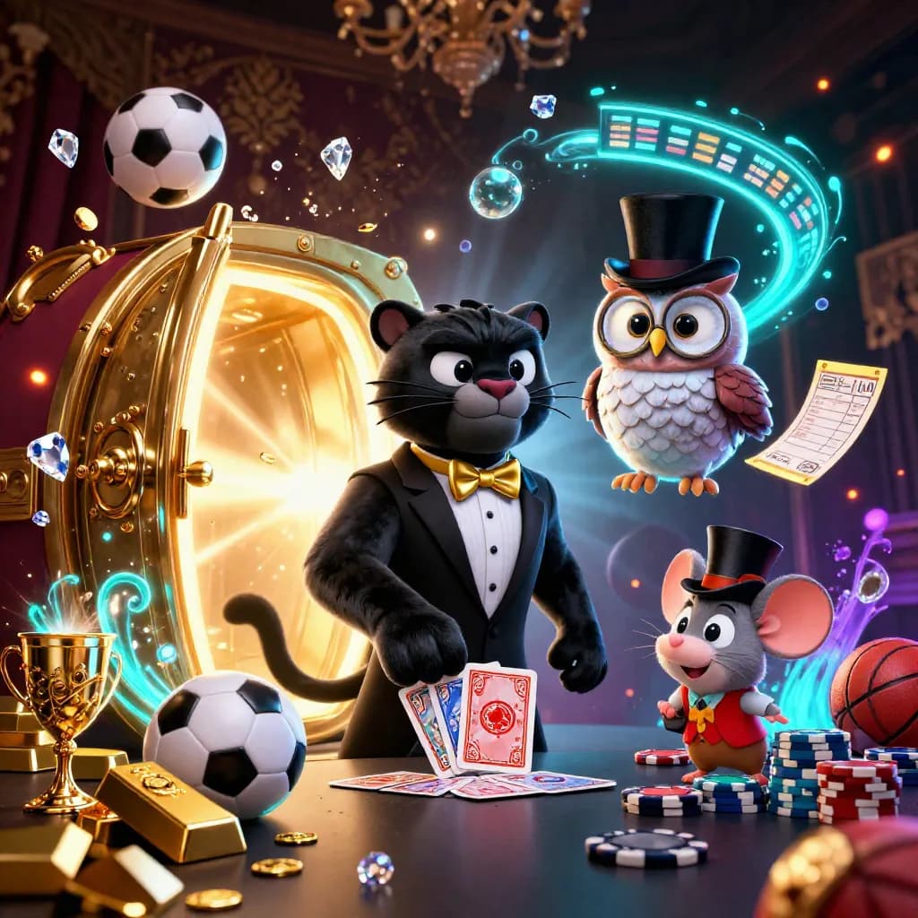 Panther, owl, and mouse in tuxedo amid vault gold, gems, and neon casino light