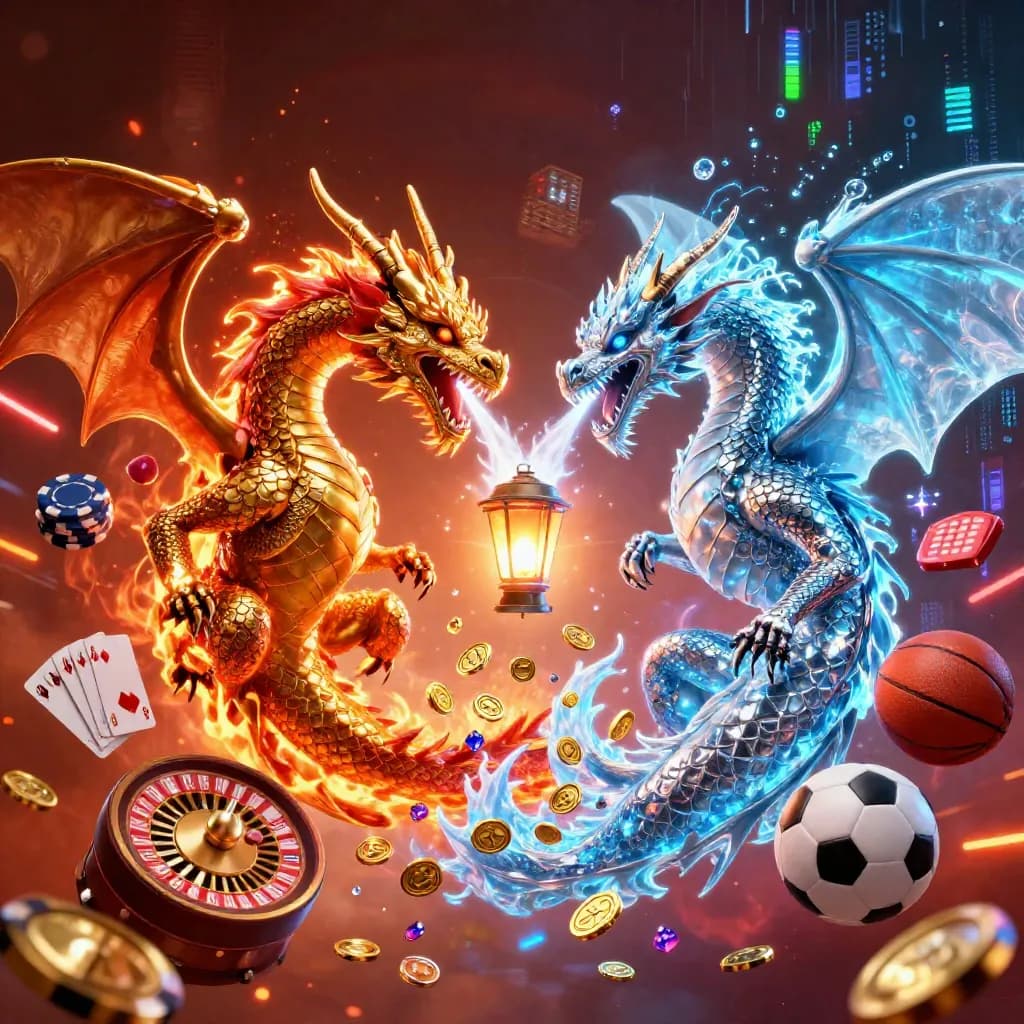 Twin gold and silver dragons spiral with casino icons, sports balls, and neon energy.