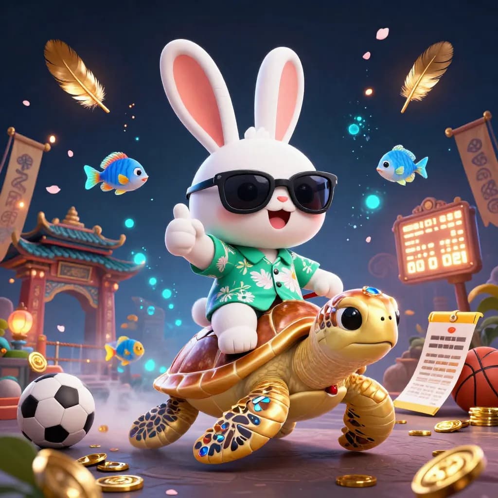 Lucky rabbit rides a jeweled gold sea turtle amid casino sparks and neon esports glow