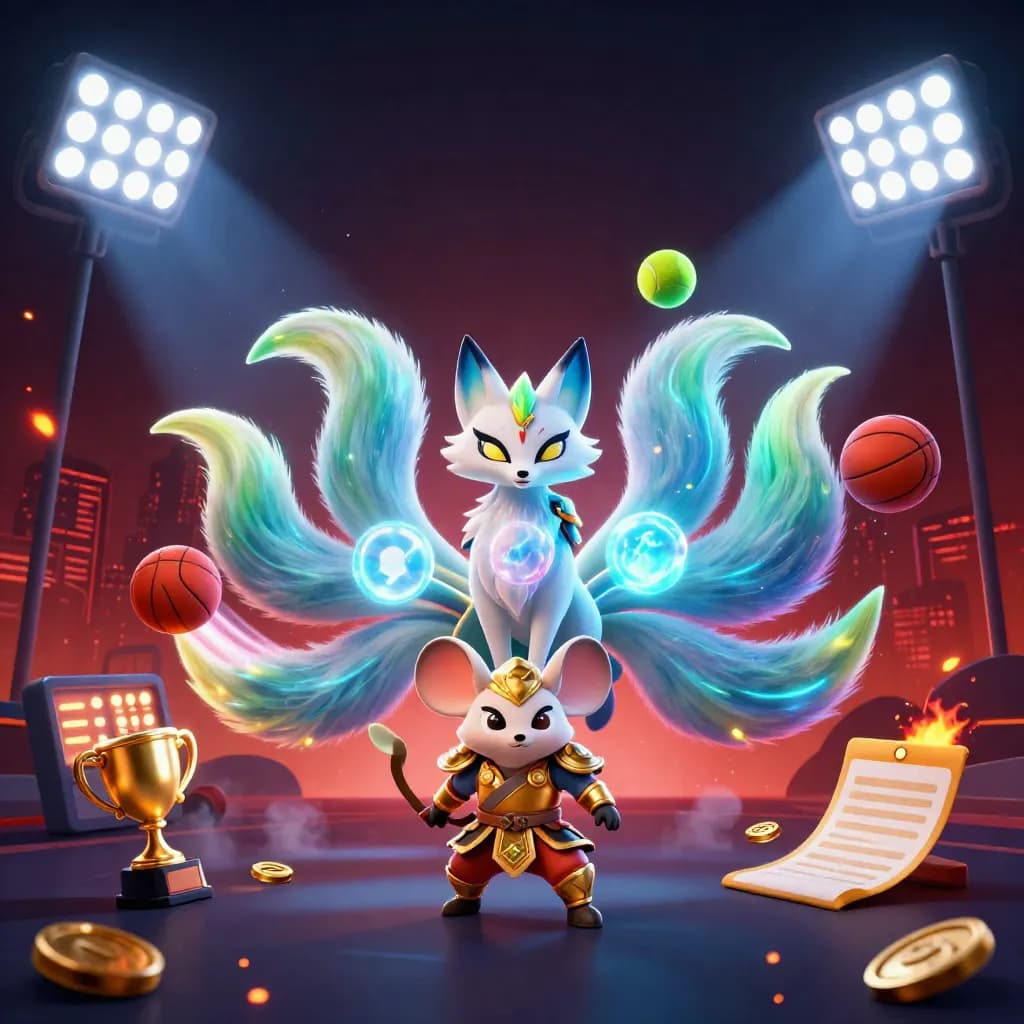 Neon fox spirit and samurai mouse amid sports balls, trophy, coins, and stormy cyber lights