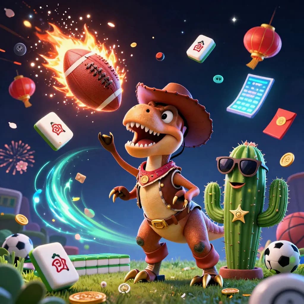 Cowboy T-Rex, cactus, and roadrunner explode around a flying arena football in neon stadium light.