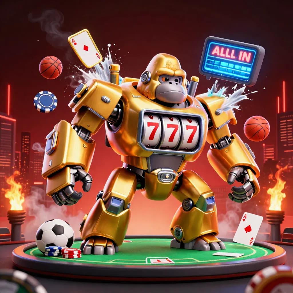Golden gorilla mech with casino props bursts in neon sports-betting energy, balls and chips flying.