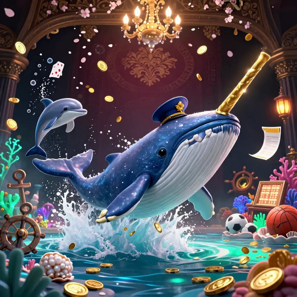 Whale captain and sea creatures burst through coins, treasure, and neon casino lights.