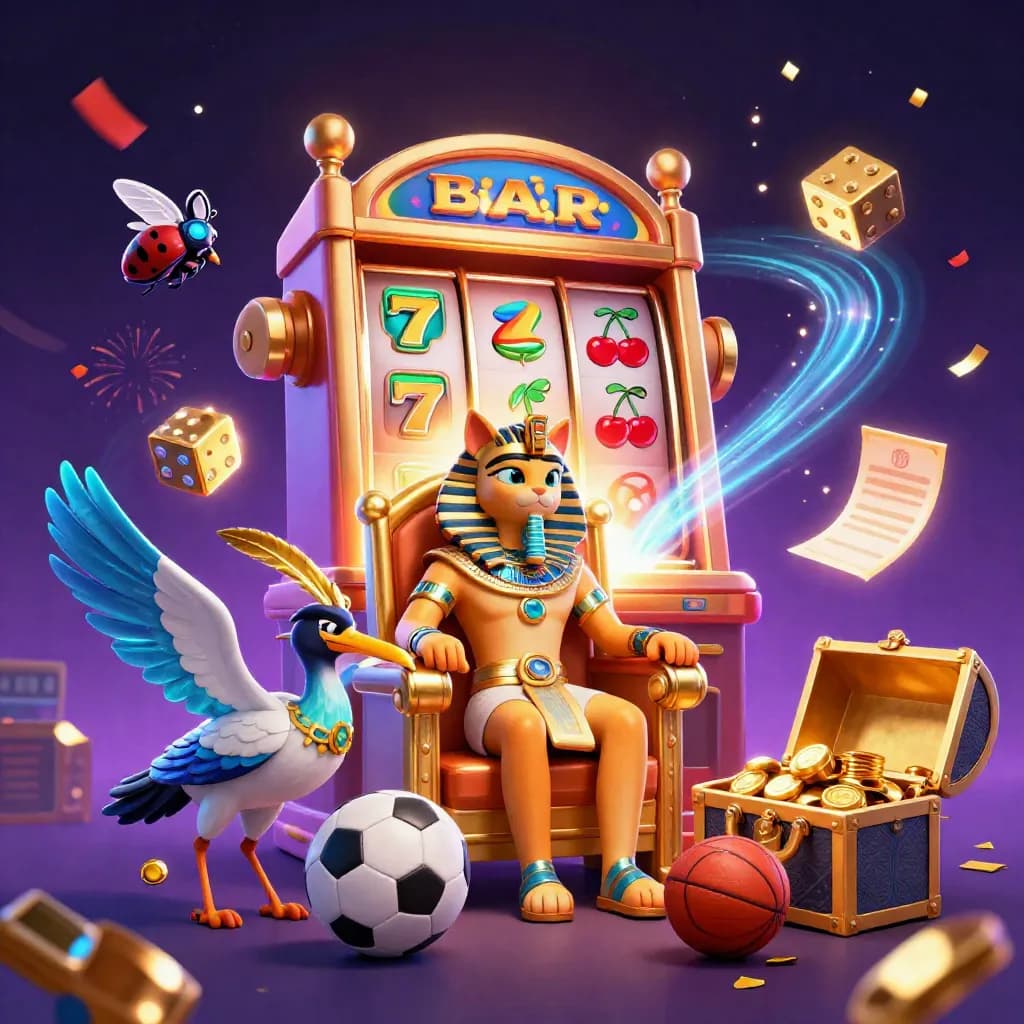 Pharaoh cat, ibis, scarabs, and exploding slot machine in neon casino energy.