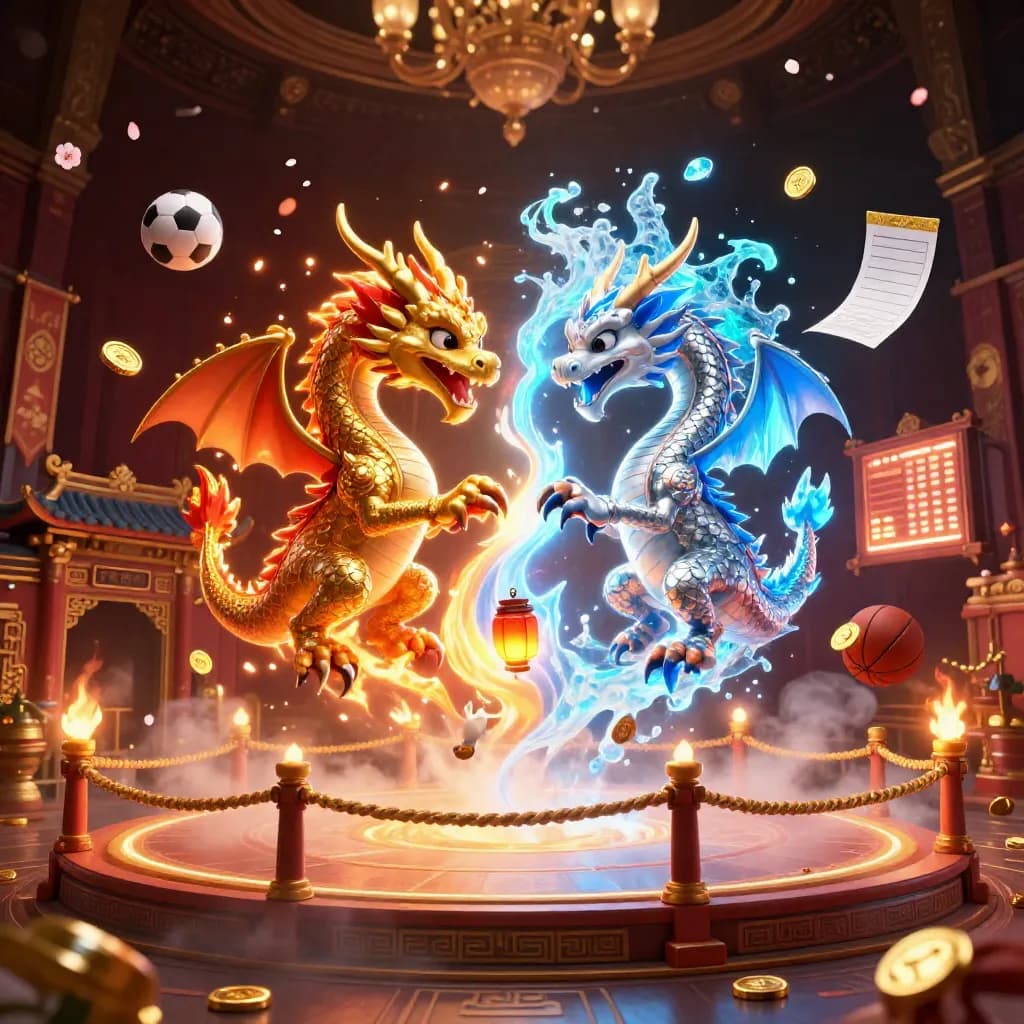 Gold and silver dragons clash in fire and ice above a temple arena with casino-fantasy props.