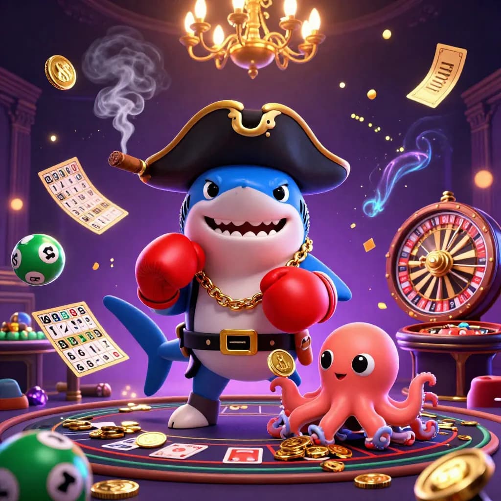 Pirate shark, boxing pufferfish, and coin-juggling octopus amid casino lights and flying game elements