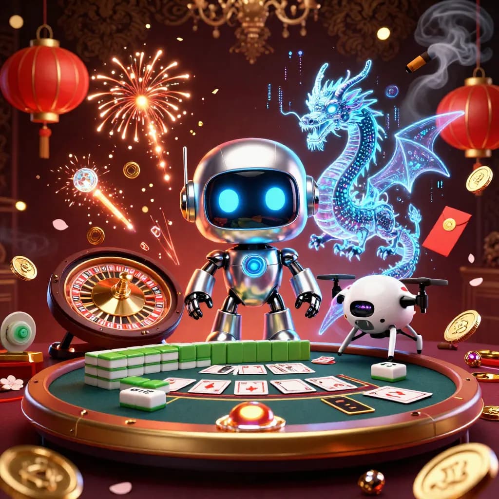 Cyberpunk casino key art with robot, holographic dragon, drone, lanterns, coins, and neon effects.