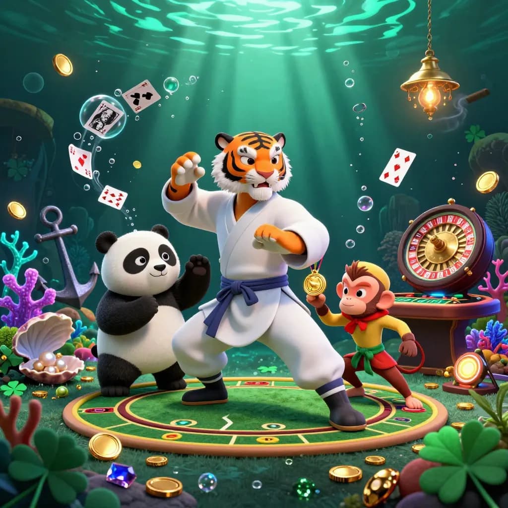 Tiger, panda, and monkey amid neon underwater casino treasure and a glowing chandelier room.