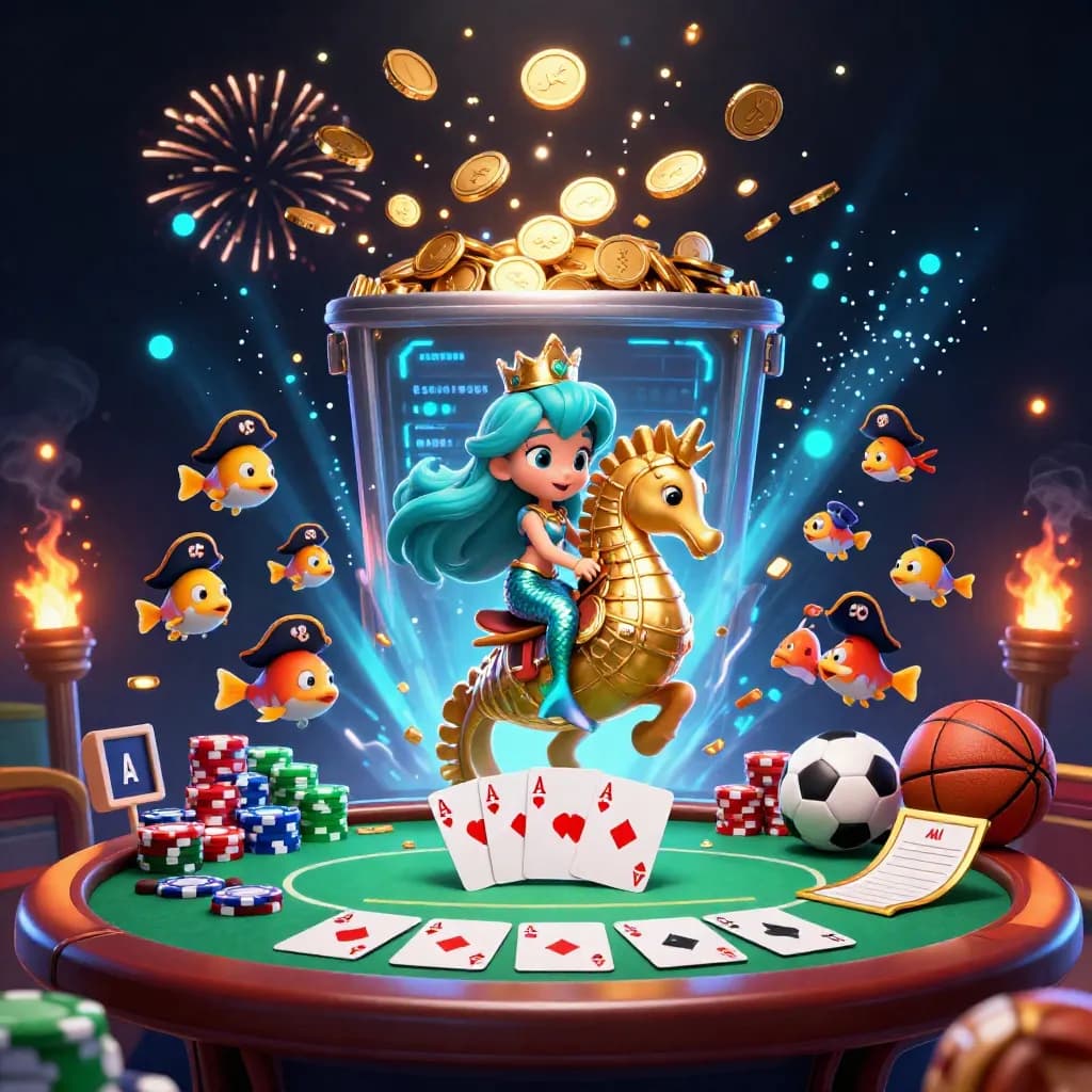 Mermaid princess on armored seahorse amid poker chips, coins, and neon casino effects