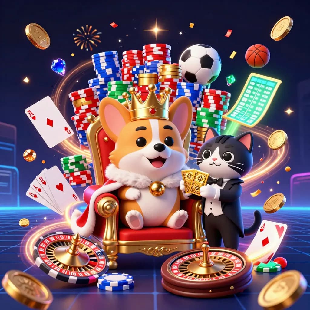 Corgi king and cat butler amid coins, chips, roulette, cards, fireworks, and neon casino energy.
