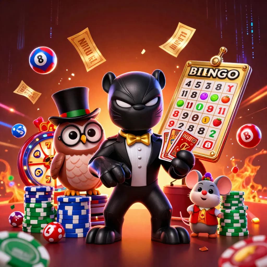 Panther dealer, owl gentleman, and mouse on chip stacks amid neon casino reels and gold tickets