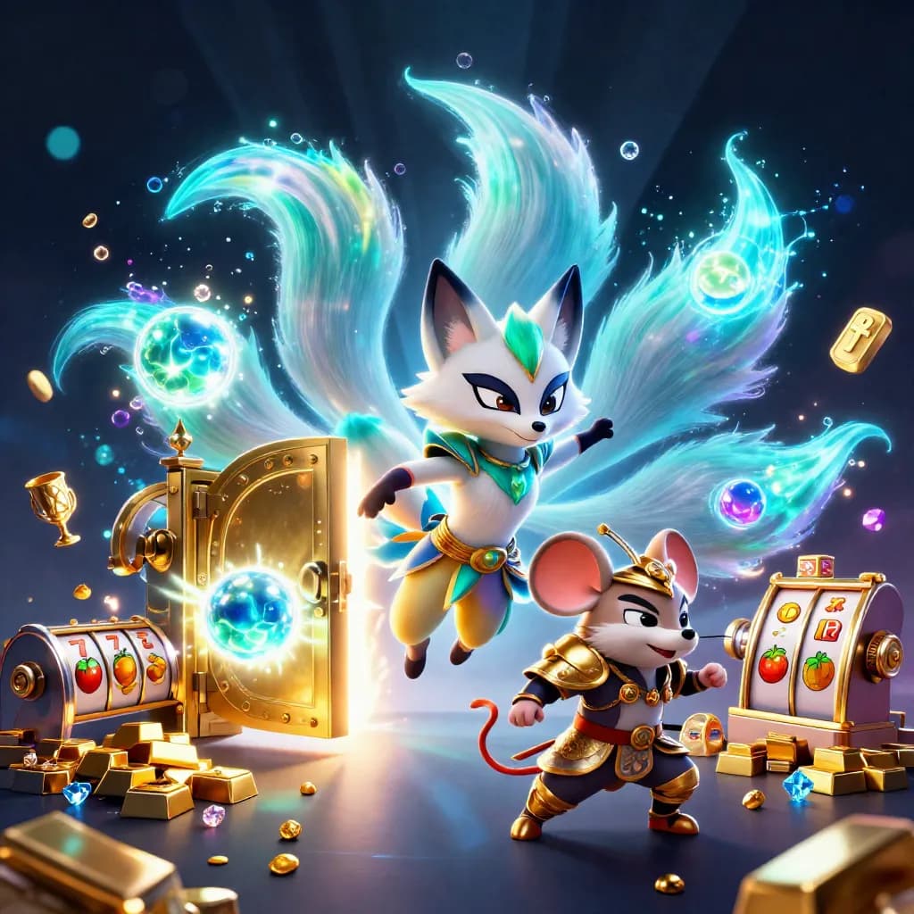 Neon fox spirit and armored mouse before a glowing treasure vault with casino loot.