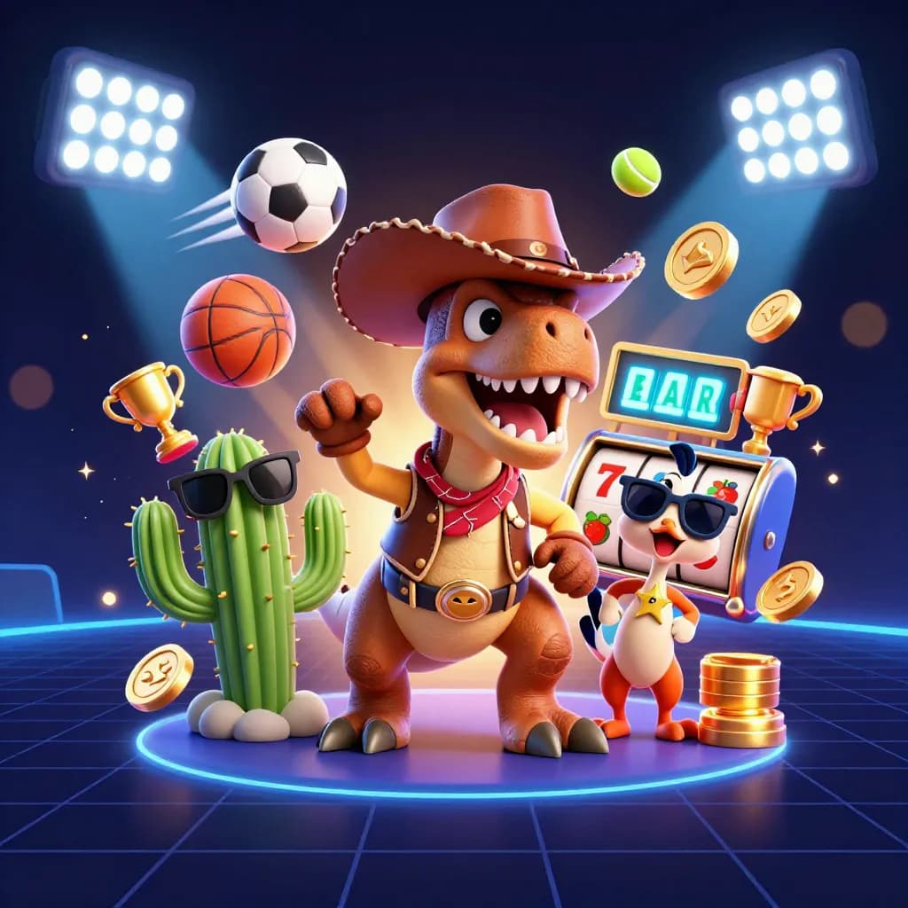 Cowboy T-Rex, cactus, and roadrunner amid neon casino sports icons and coin bursts.