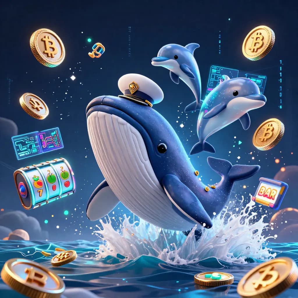 Whale captain, narwhal, and dolphins burst through coins with neon casino energy.