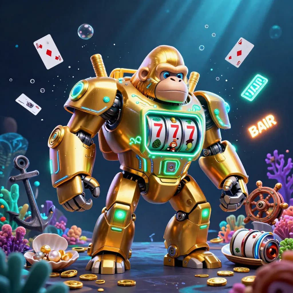 Golden gorilla mech with tiny monkey pilot, slot reels, coins and glowing coral in a dark neon sea.
