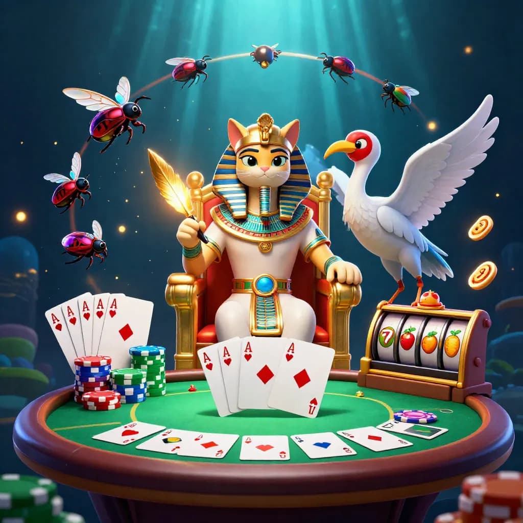 Pharaoh cat, ibis scribe, scarabs, poker chips, reels, and glowing casino effects in neon blue-green.