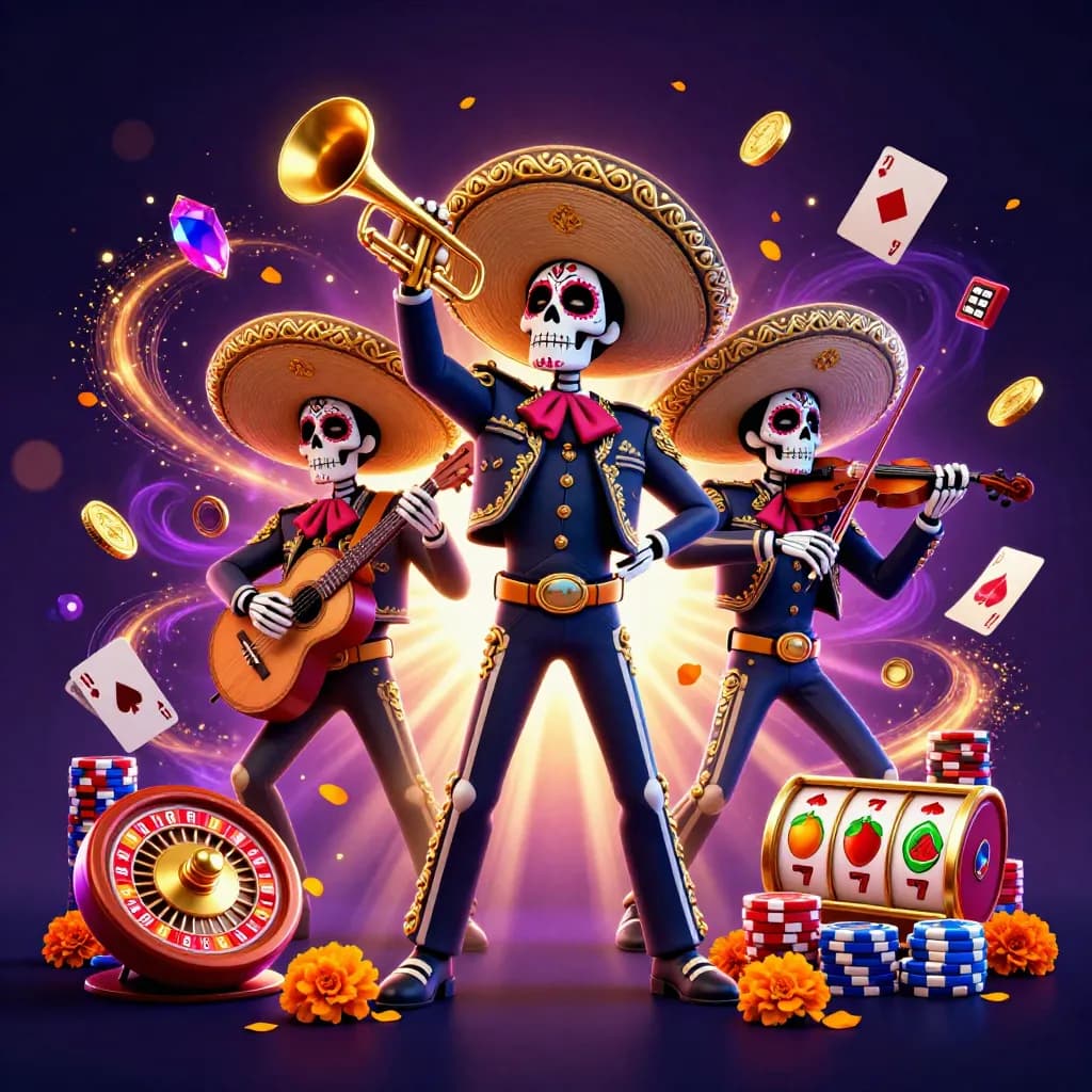 Skeleton mariachi trio blasting neon casino energy with coins, gems, roulette, and slot icons