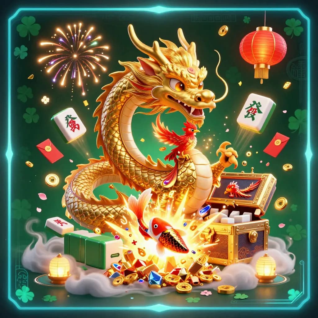 Golden dragon, phoenix, and koi burst from a chest amid neon casino treasure and lanterns.