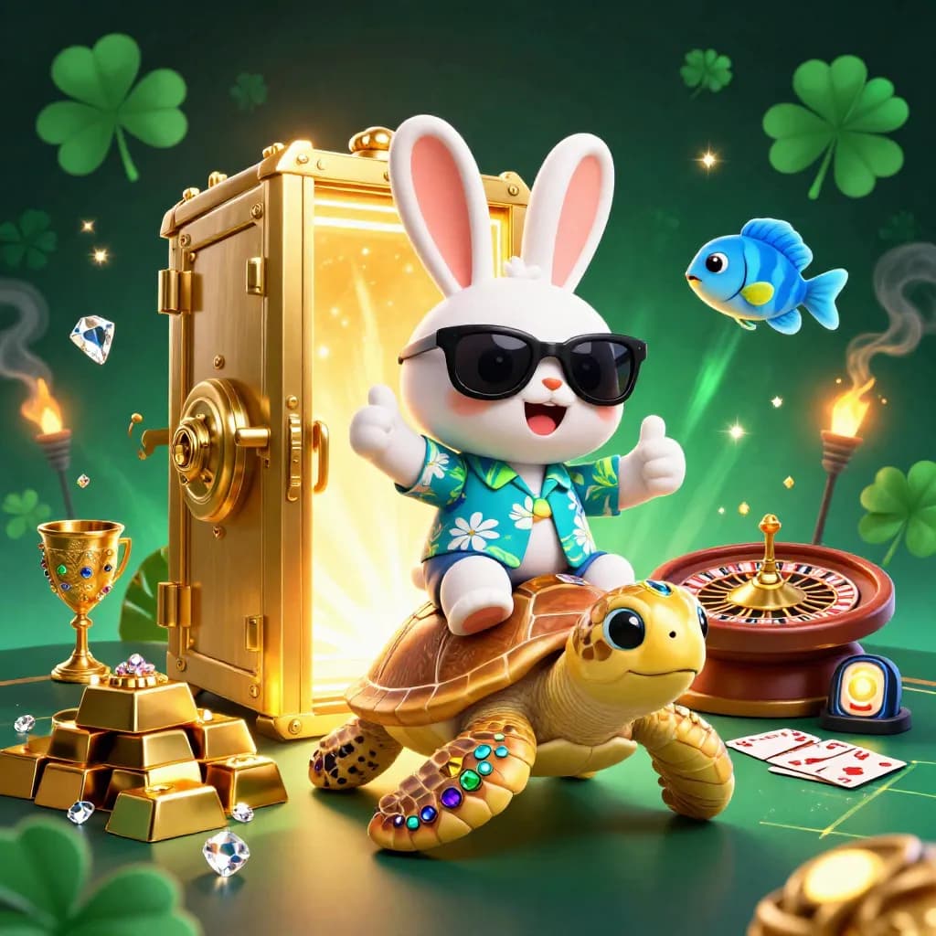 Lucky rabbit riding a gem turtle amid vault gold, gems, roulette, and neon casino glow.