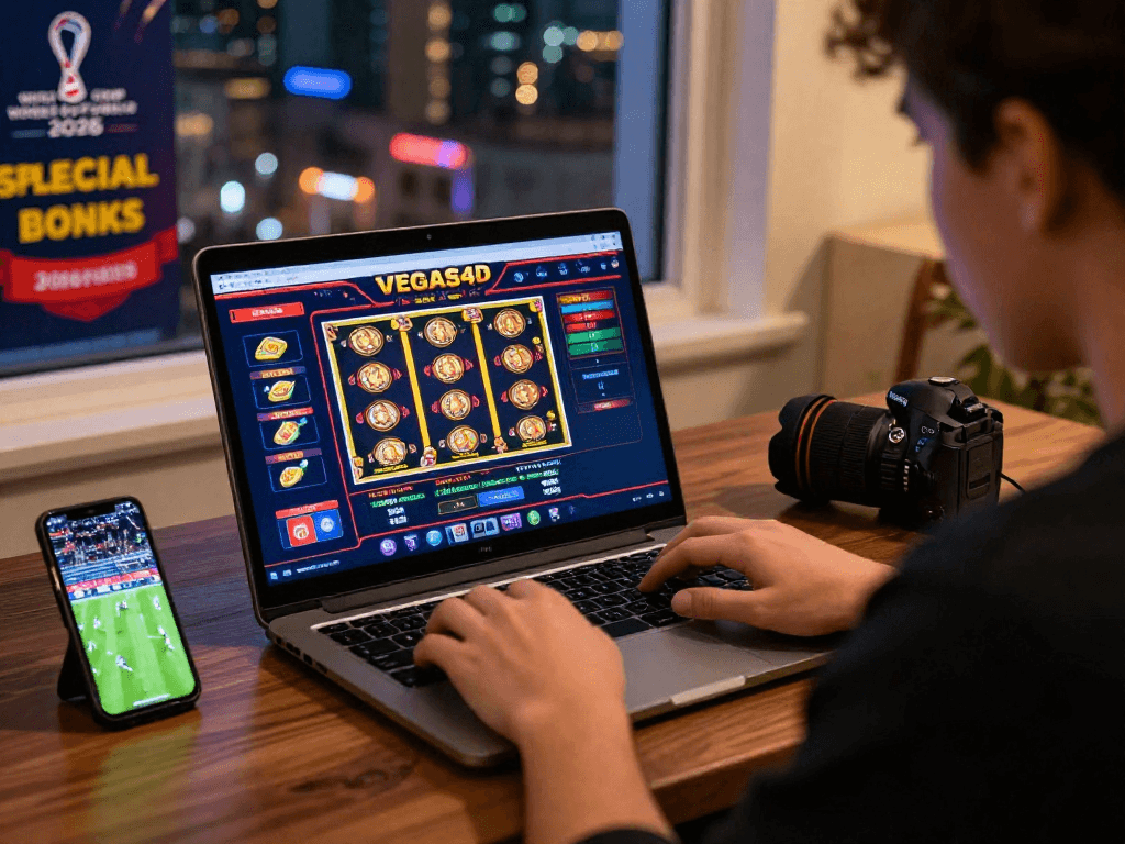 Pengguna terfokus pada laptop dengan platform VEGAS4D, menunjukkan slot game dan taruhan langsung, menampilkan suasana permainan yang bersemangat.