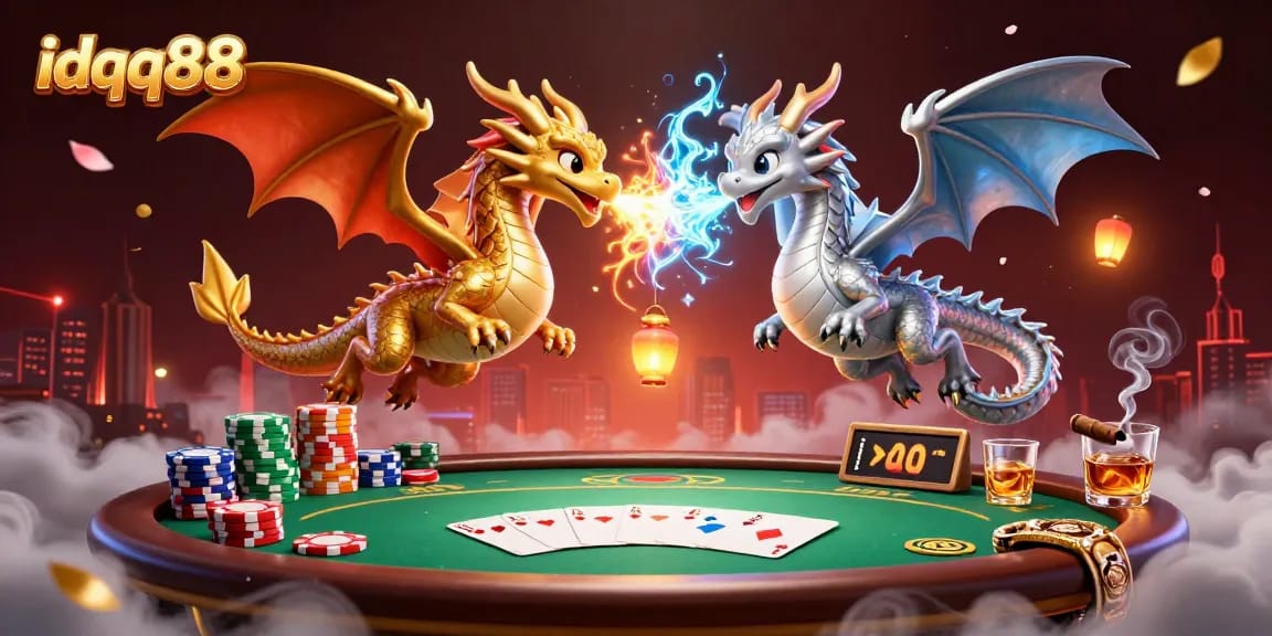 Spin and win big with idqq88 in this vibrant, action-packed casino scene showcasing dragons and poker elements.