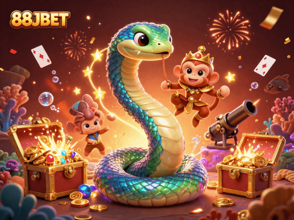 Experience vibrant 88JBET gaming with the rainbow serpent and monkey king in a dazzling, colorful casino adventure.