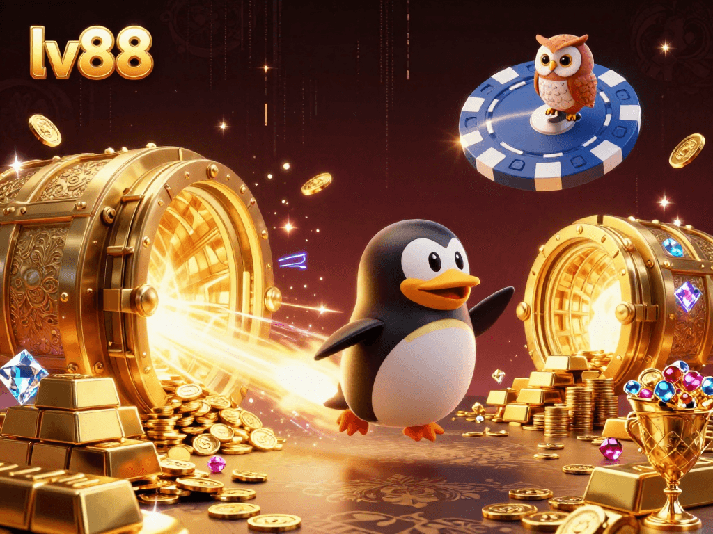 Engage with lv88 as the golden penguin navigates a glamorous casino space, filled with treasures and excitement.