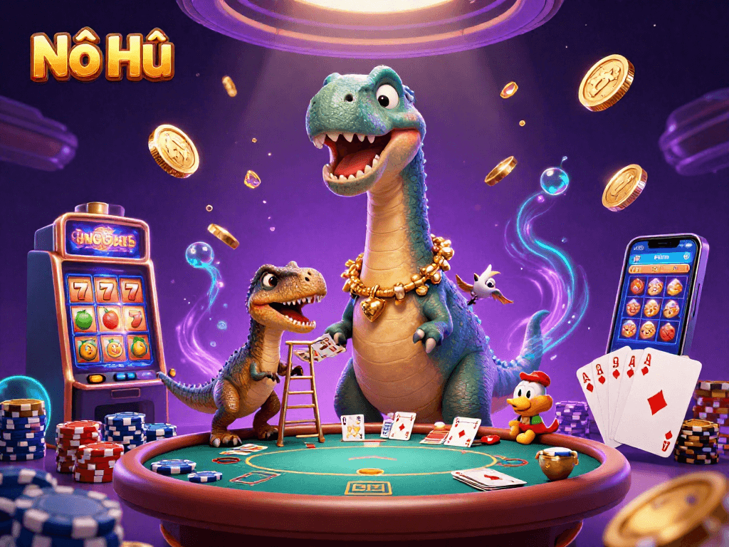 Nổ Hũ showcases vibrant 3D casino illustration featuring a giant brontosaurus and a clever raptor amongst luxurious gaming elements.
