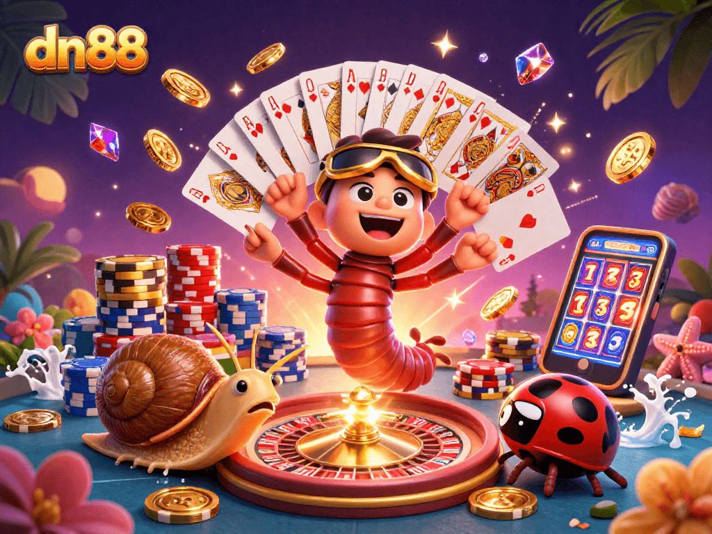 Engage in thrilling games at dn88 with dynamic scenes of a millipede dealer and exciting casino elements.