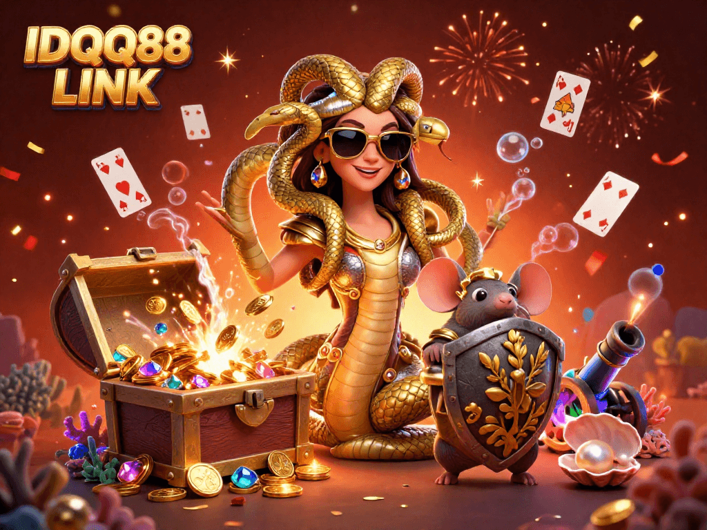 Spin and win at IDQQ88 LINK with the charming Medusa and a brave mouse in this rich casino scene.