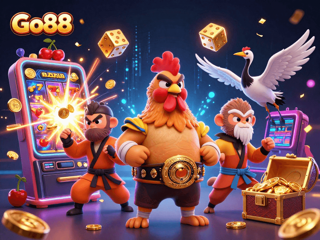 Experience the thrill of Go88 with a dynamic Muay Thai rooster, Shaolin monkey, and wise crane amidst casino excitement.