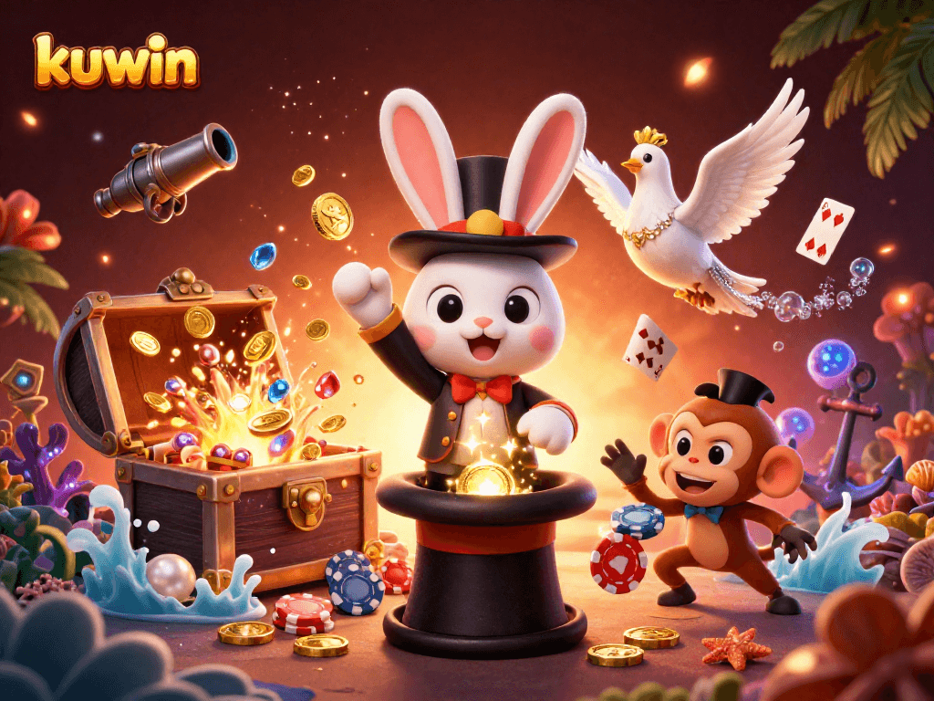 Engage in the thrilling world of kuwin as a magician rabbit conjures coins and poker chips amidst a vibrant casino scene.