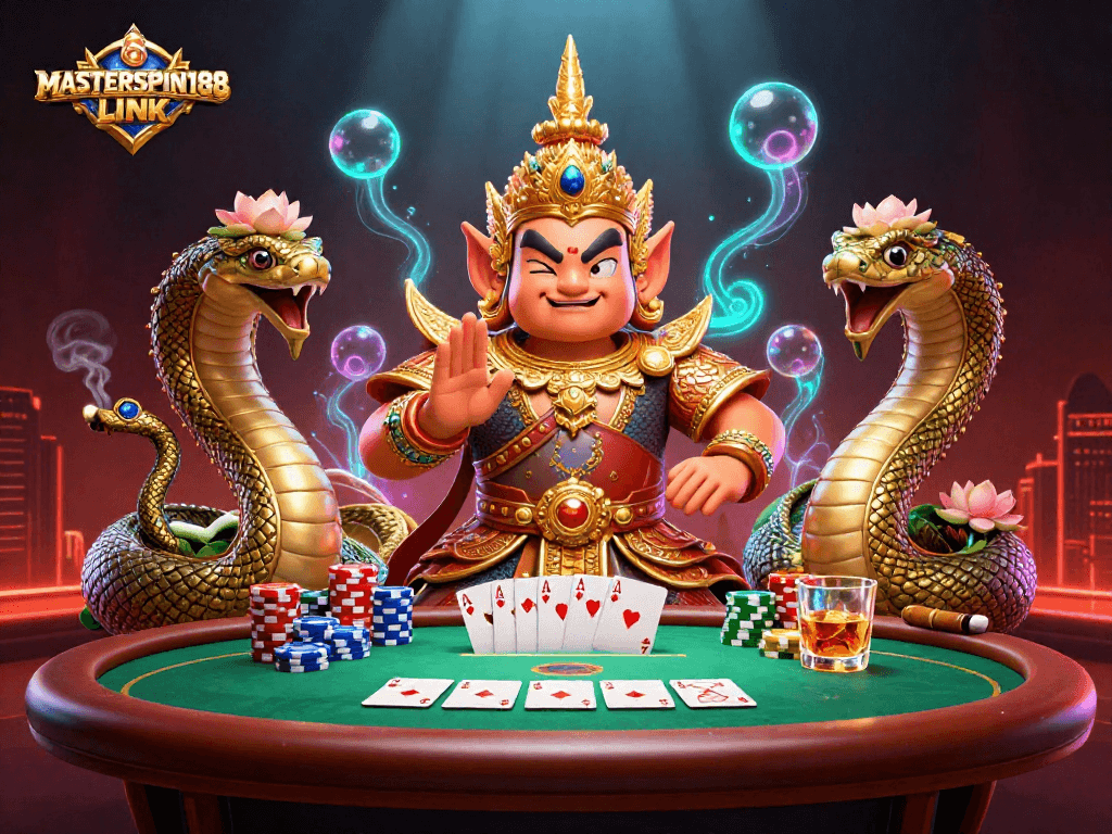 Engage with MASTERSPIN188 LINK at a vibrant casino scene featuring festive guardians and poker elements.