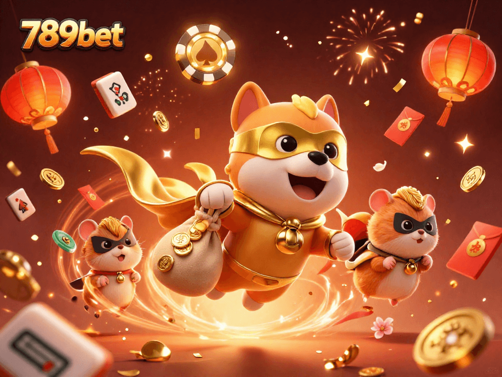 Experience the excitement at 789bet with a superhero dog flying through a festive casino scene.