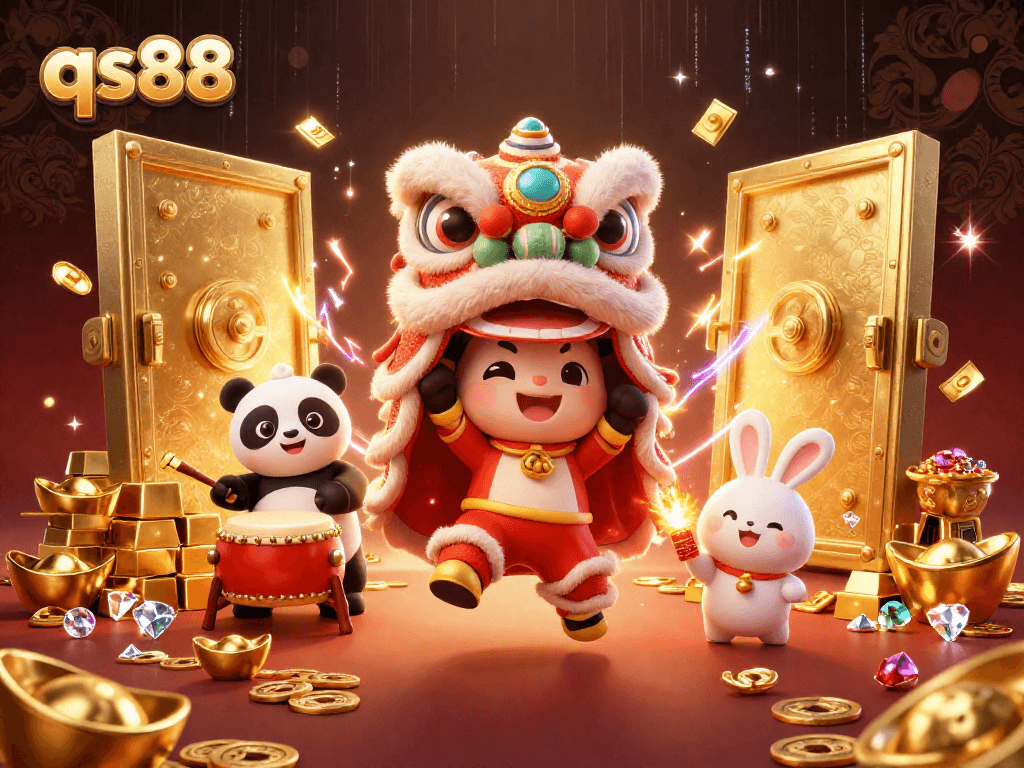 Experience the excitement of gambling at qs88 with a vivid depiction of festive characters surrounded by riches.