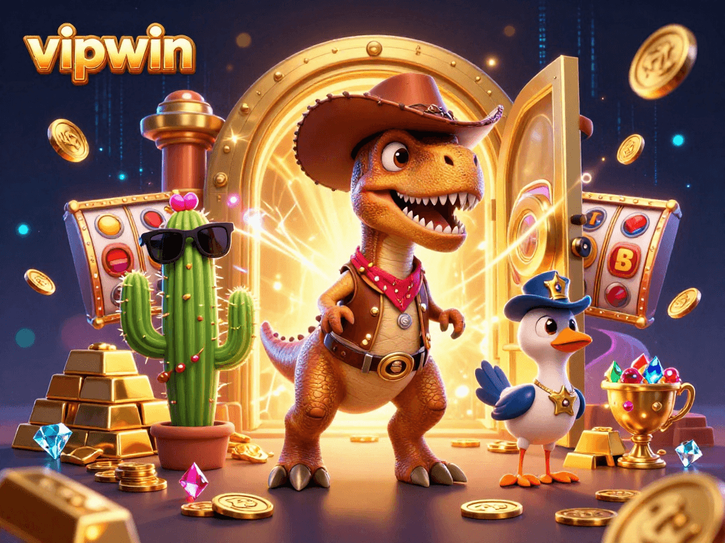 Engage in exciting gaming at vipwin as a cowboy dinosaur and his friends uncover treasures in a vibrant casino.