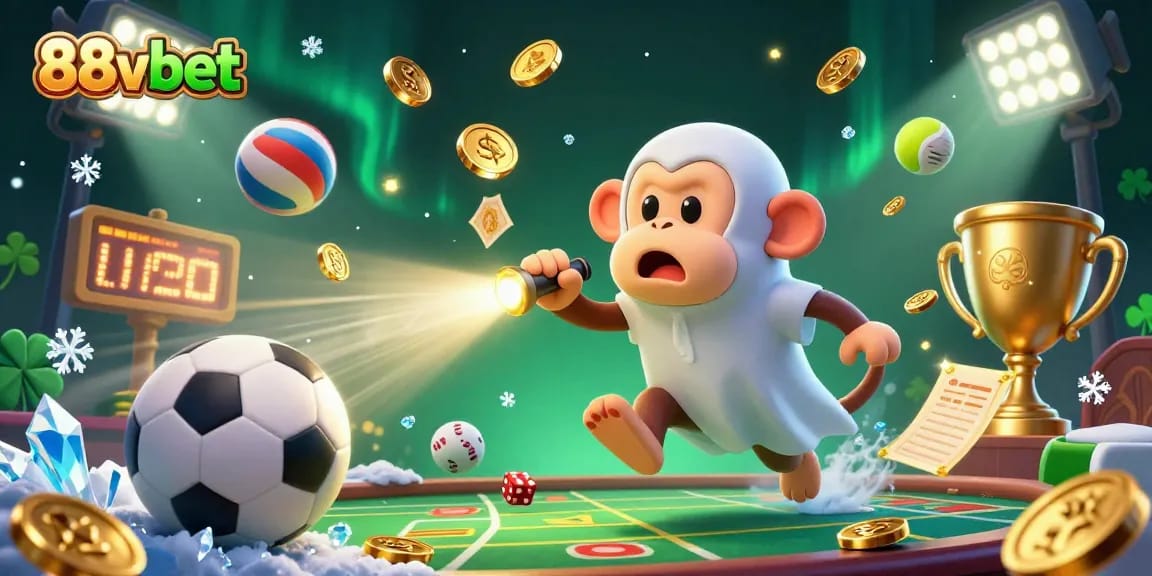 88vbet showcases an engaging scene of a mischievous ghostly monkey juggling golden casino elements and sports items.