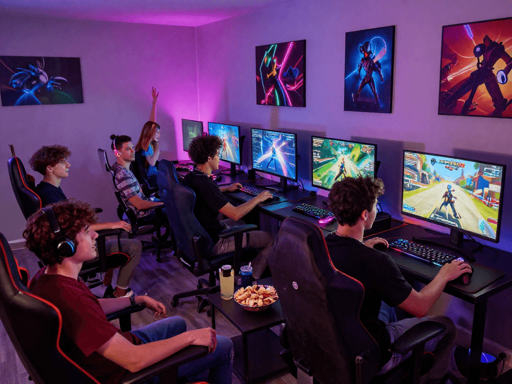 Exciting game sex moments captured in a vibrant gaming lounge with friends enjoying the thrill of adult-themed gameplay.