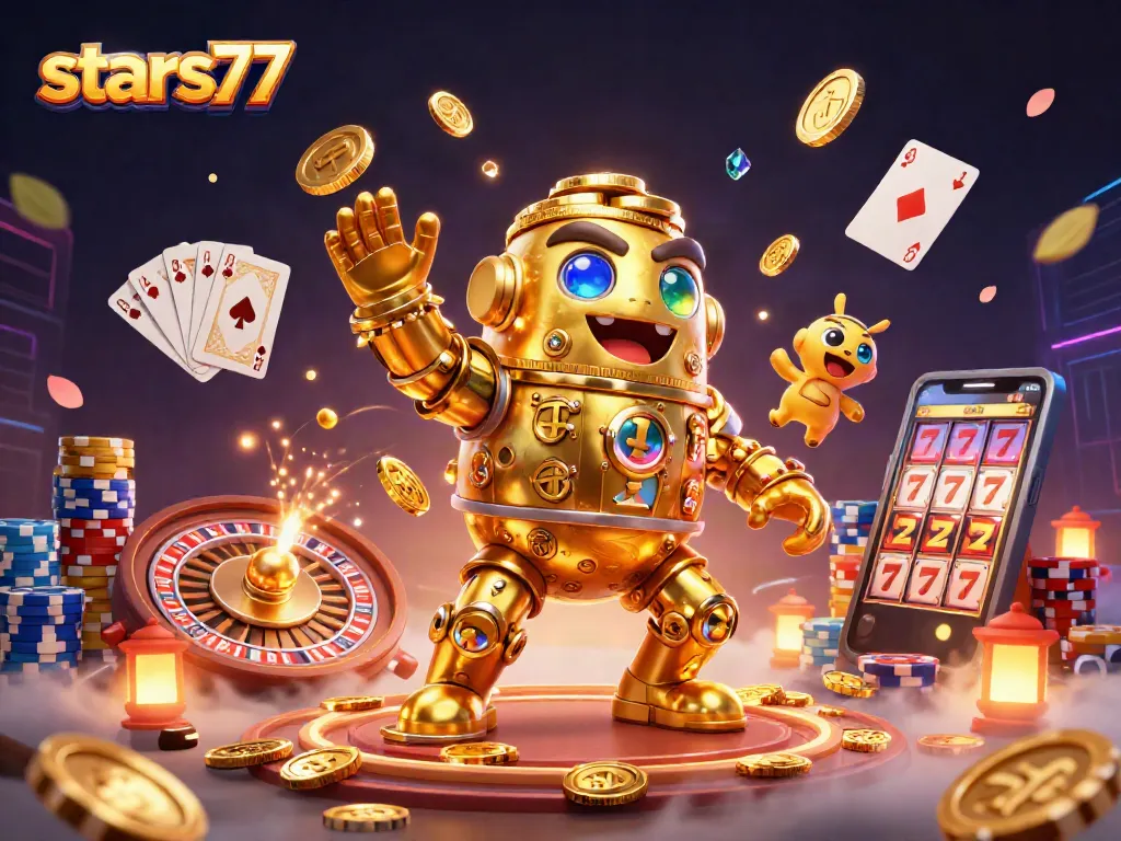 Bermain di stars77 dengan golem emas dan simbol slot berkilauan, penuh taruhan dan permainan slot.