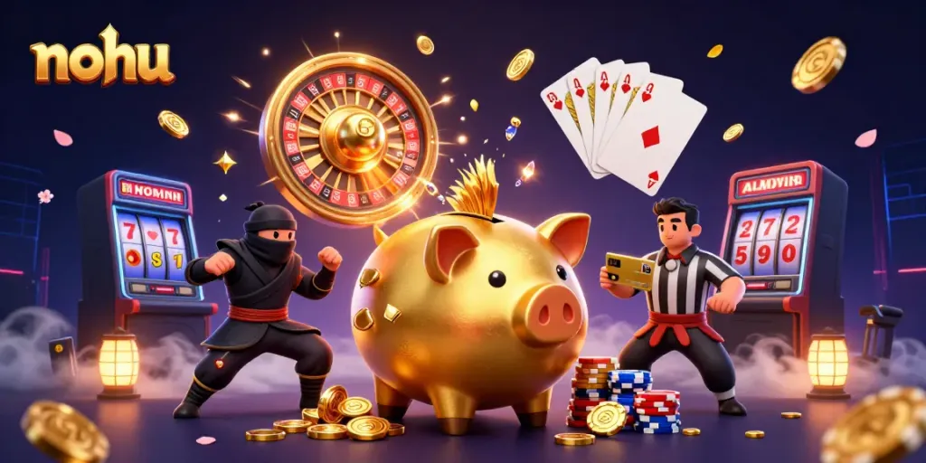 Engage with the lively nohu casino scene featuring a golden piggy bank sumo wrestler amidst riches and dynamic game elements.