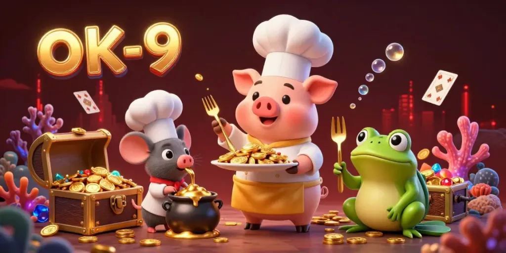 Engage with ok-9's vibrant gaming world featuring a cartoon chef pig serving gold coins amidst dazzling underwater treasures.