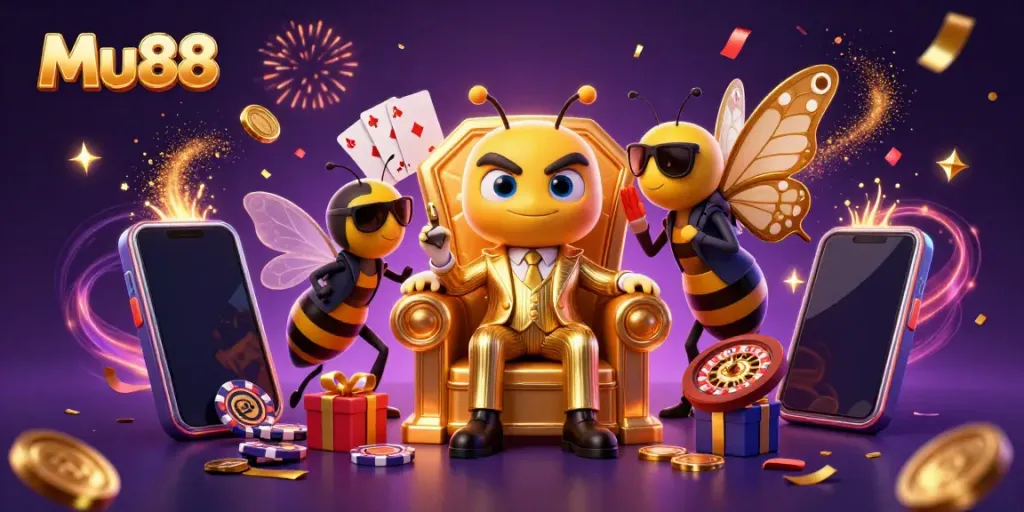 Engage with Mu88's dynamic gaming experience featuring a cartoon mob boss in a casino-themed setting.