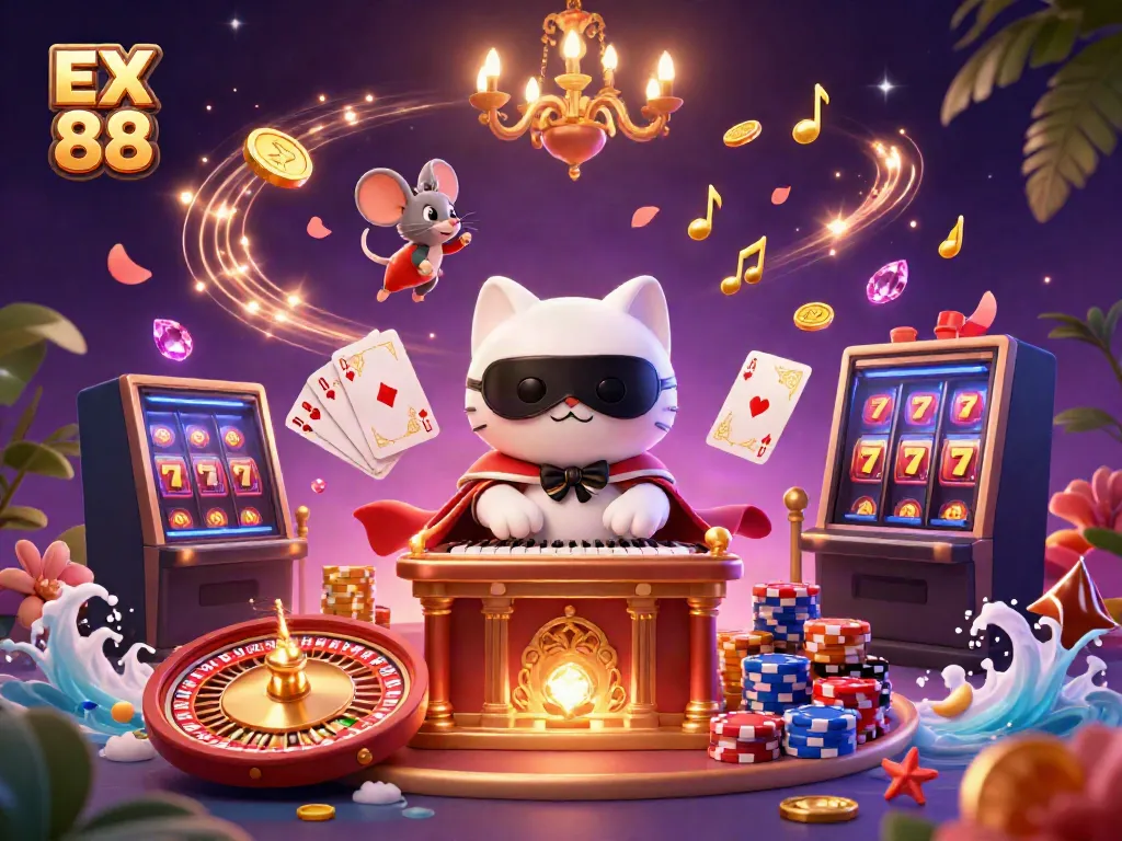 Engage in the world of EX 88 with this dynamic casino scene showcasing vibrant characters and gambling excitement.
