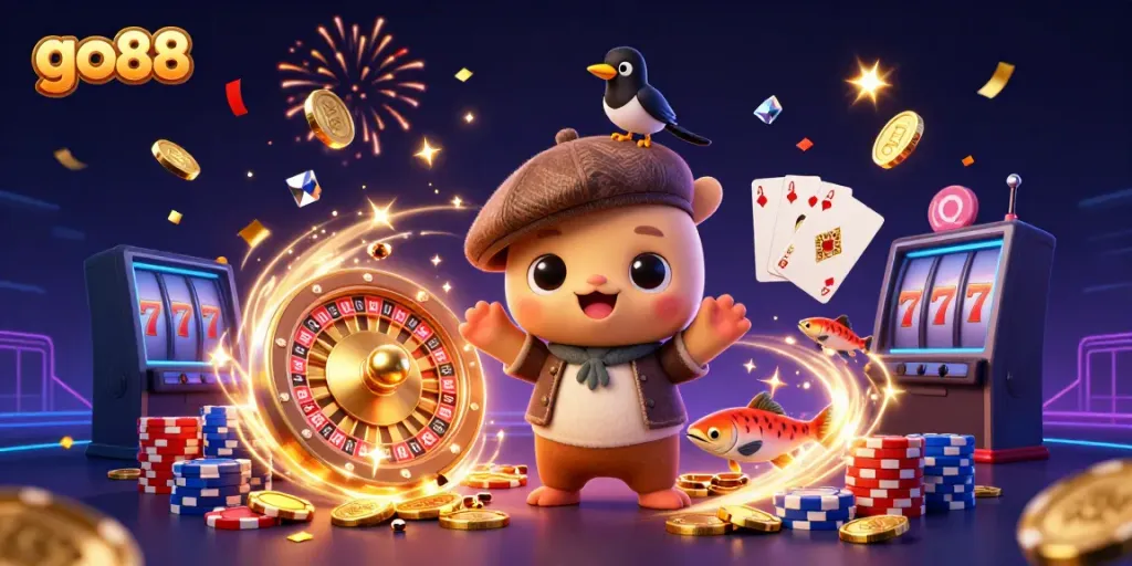 Experience luck and fortune with go88 at this vibrant casino illustration featuring fun characters and dynamic elements.