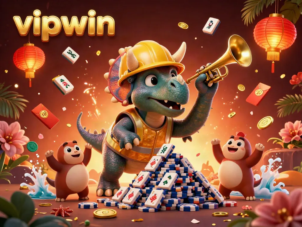 Experience the excitement of vipwin with 3D characters celebrating poker chips and game elements.