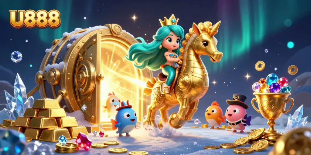 Engage in exhilarating gameplay at U888 with vibrant 3D illustration of a mermaid and treasure.