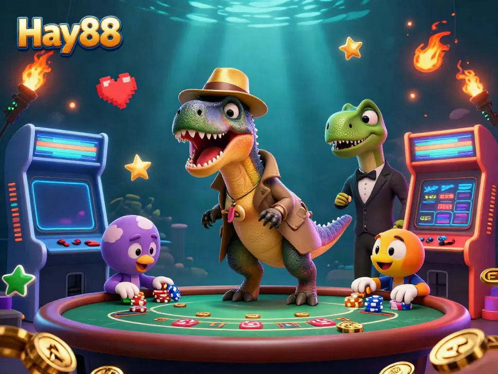 Join Hay88's thrilling casino scene with a cartoon velociraptor and stegosaurus in action.