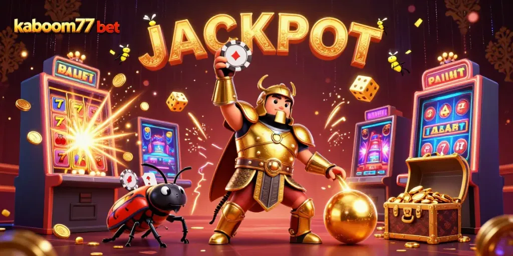 Win big with kaboom77 bet as heroic beetles celebrate JACKPOT in a vibrant casino scene.