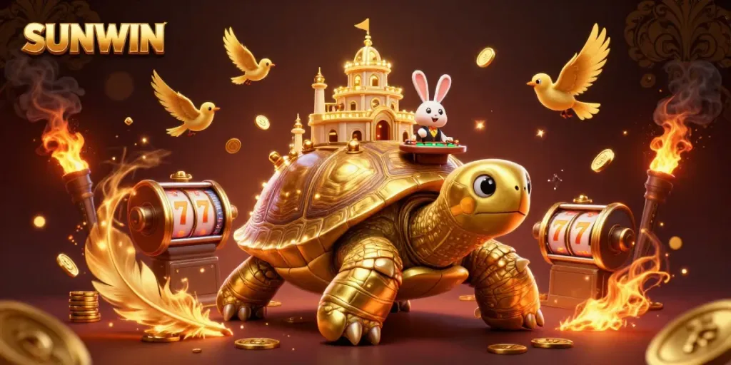 Experience the dazzling world of SUNWIN, featuring a vibrant, animated casino scene with a golden tortoise and winning symbols.
