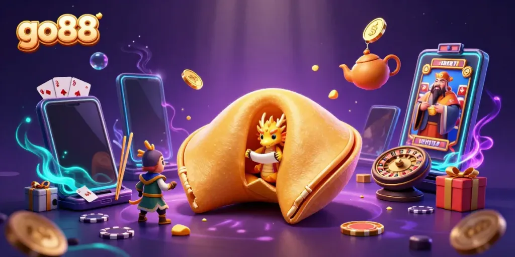 Experience go88 with a festive, dynamic 3D illustration featuring gold fortune cookies, dragons, and vibrant gaming elements.